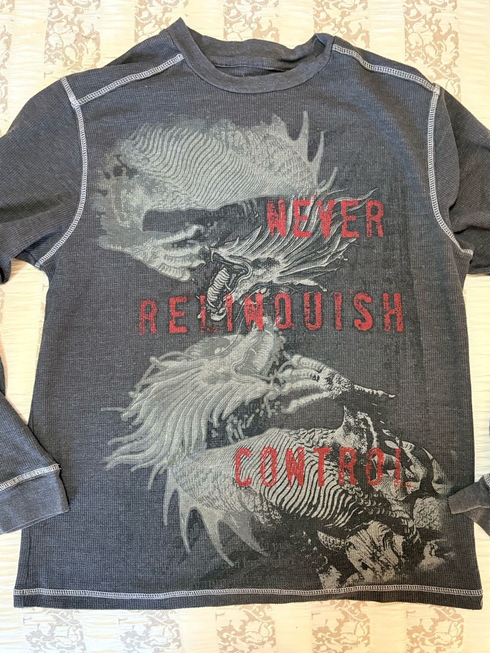 Unisex  Charcoal Graphic Thermal Sweater - Never Relinquish Control, size M
